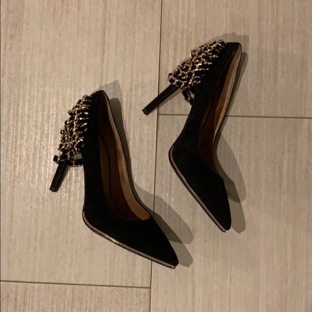 Jeffrey Campbell black suede and gold detail heels